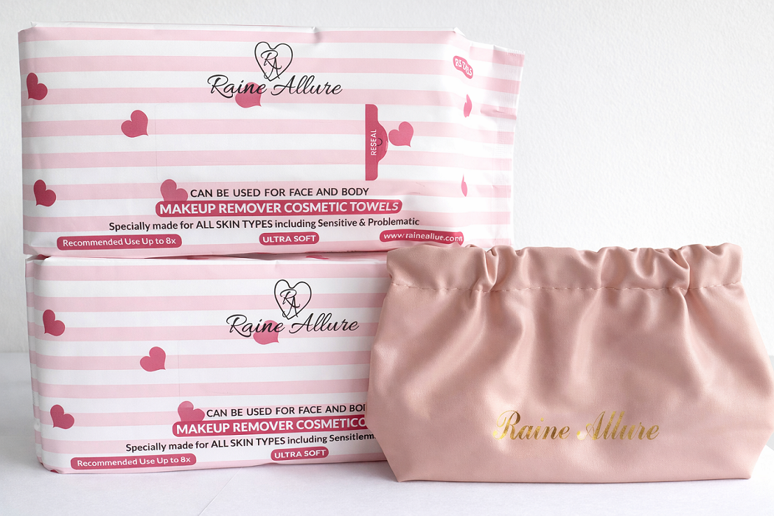 Two Raine Allure Makeup Remover Cosmetic Towel Packs. 200 Uses per Pack!  PLUS One On-the-go Travel Bag