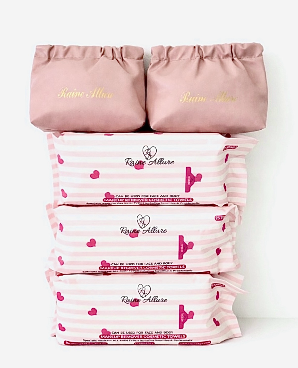 Three Raine Allure Makeup Remover Cosmetic Towel Packs. 200 Uses per Pack!  PLUS Two On-the-go Travel Bag (Copy)