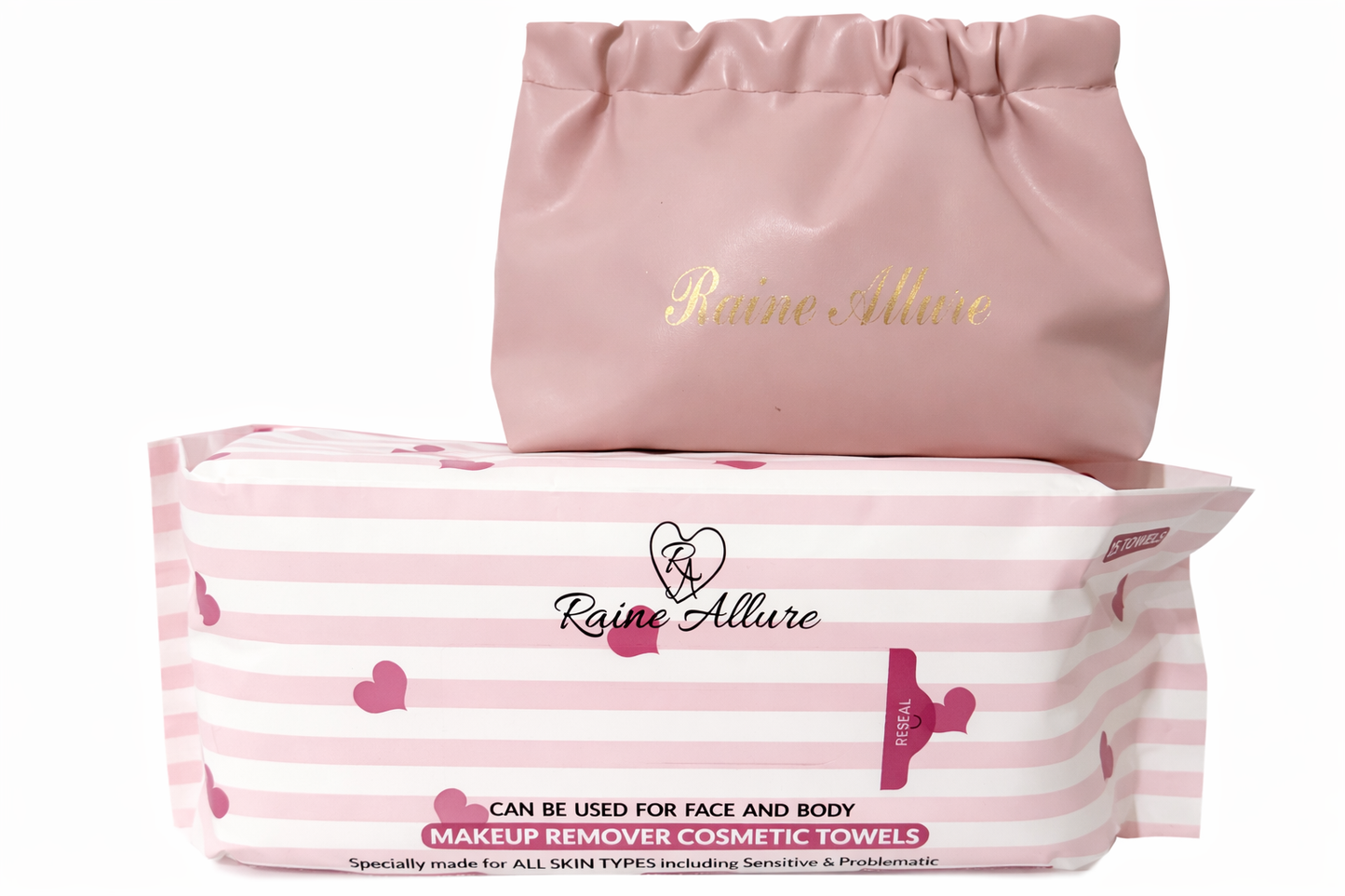 Raine Allure Makeup Remover Cosmetic Towels 200 Uses per Pack PLUS One On-the-go Travel Bag